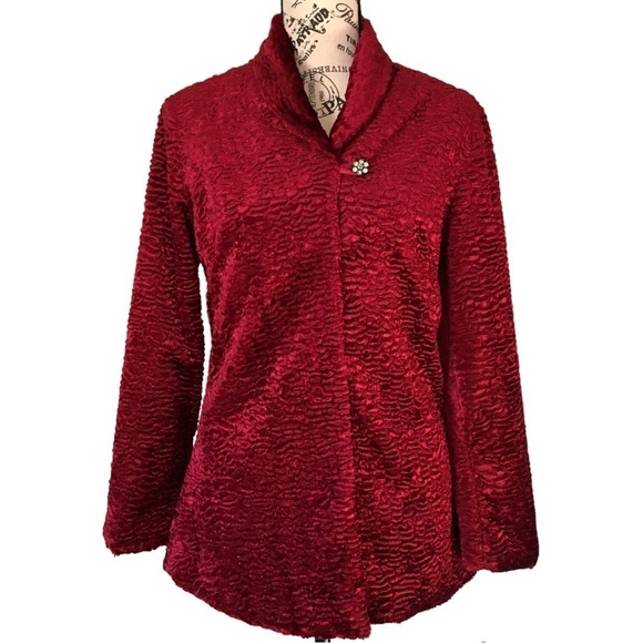 Vintage Will’s River Co. Velvet Blazer Faux Lamb Fur Jacket Pea Coat Red 2 Small - Picture 2 of 16